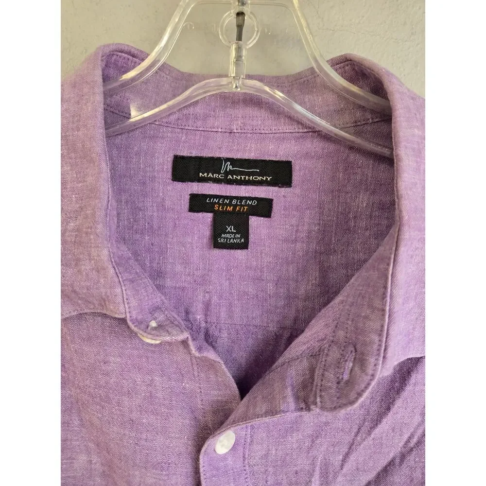 Marc Anthony Linen Blend Slim‎ Fit Button Down Shirt Purple XL
